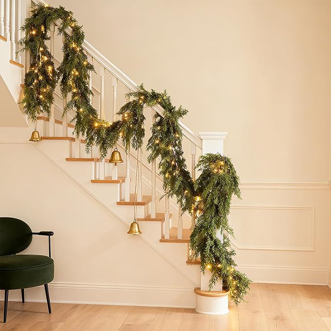 Christmas Cedar Garland with Light Mantle Decor 6ft Realistic Lighted Faux Pine Garlands for Home Decoration Indoor Stairs Railing Fireplace Outdoor 1pcs
