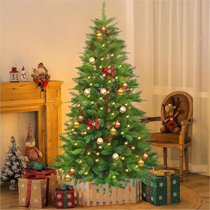 7FT Thick Artificial Christmas Tree with PE+PVC Mixed Branches, 1200+ Tips Snow Flocked Pine,UV Resistant for Outdoor Indoor Offices Home Holiday Christmas Decor