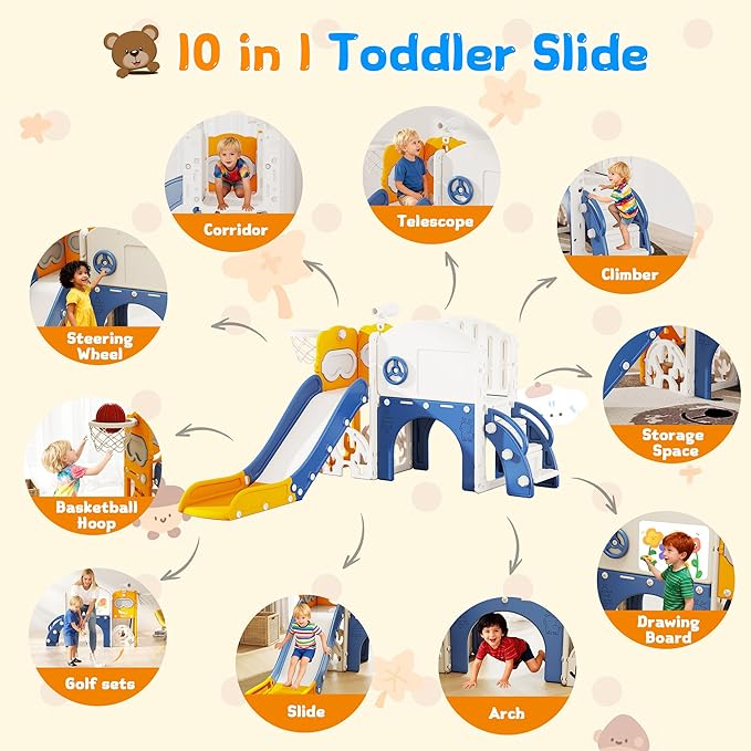 10-in-1 Toddler Slide Playset,Indoor Playground for Kids 1-3 and Toddler Outdoor playset with Golf Set, Basketball Hoop, Climbing Frame, Drawing Board and Steering Wheel, Yellow & Blue