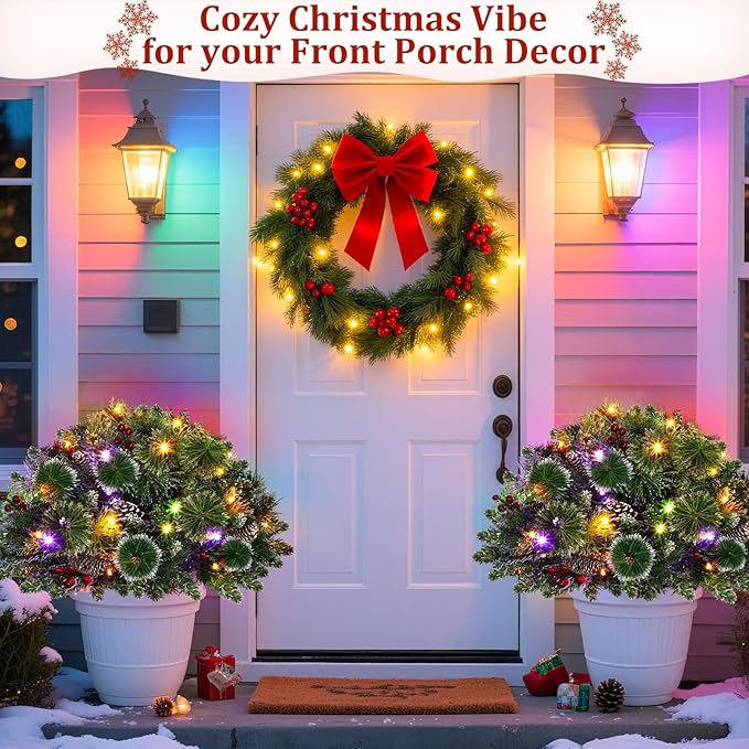 Set of 2 24" Christmas Tree Urn Filler, Prelit 8 Mode Timer 40 LED Lights Xmas Flocked Tree for Porch Driveway Yard