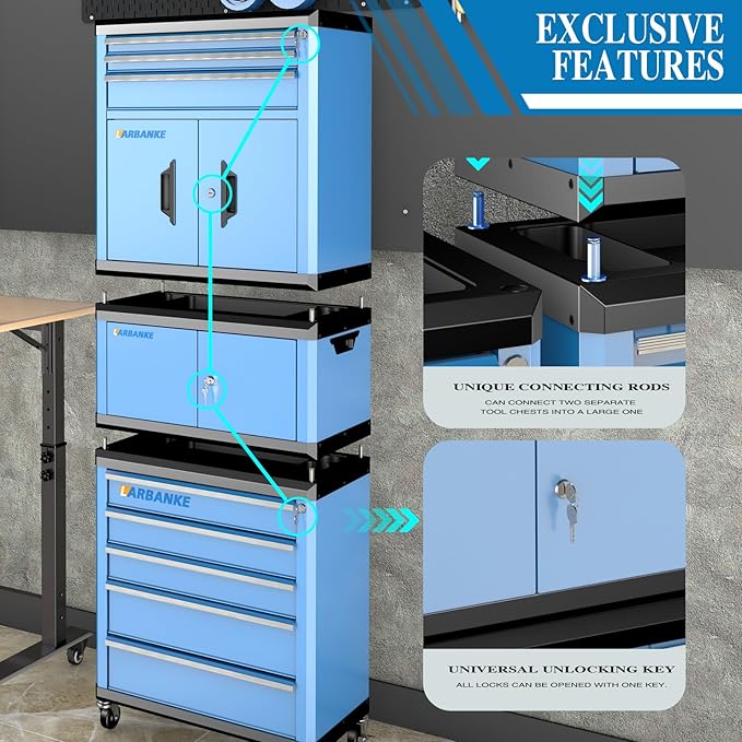 LARBANKE 8 Drawer Rolling Tool Chest with Locks&360¡Æ Wheels,Tool Cabinet with Multifunctional Countertop,Tool Chest with Connection Rods,Can Be Used as 3 Individual Units or Combine a Large One
