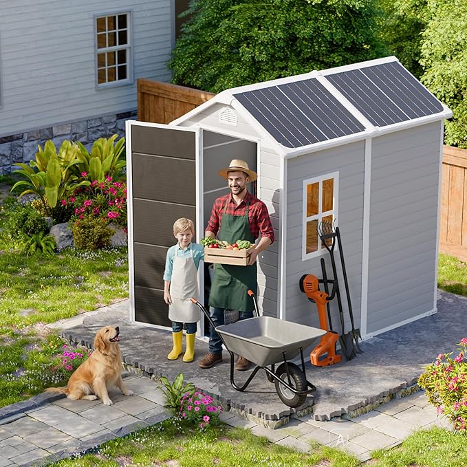HUSFU 6x4 FT Outdoor Storage Shed with Floor and Lockable Door,Waterproof Resin Tool Shed for Garden, Backyard, Patio,Perfect to Store Patio Furniture,Light Grey