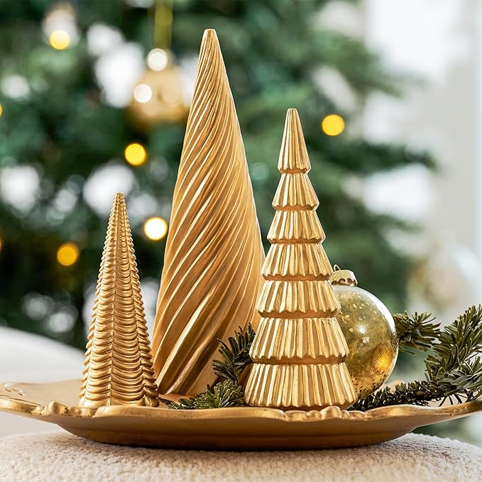 Spiral Resin Christmas Tree Decorations, 3 PCS Tabletop Small Christmas Trees for Desk Decor, Small Fake Christmas Tree, Gold Home Decor, Xmas Table Centerpieces Winter Mantel Decor