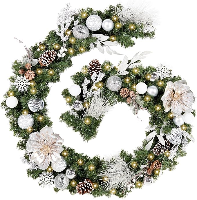 WBHome Pre-lit 9 Feet/108 Inch Christmas Garland, White & Silver Lighted Garland with 50 LED Lights for Indoor Outdoor Xmas Decor Holiday Decorations, Battery Operated (Batteries NOT Included)