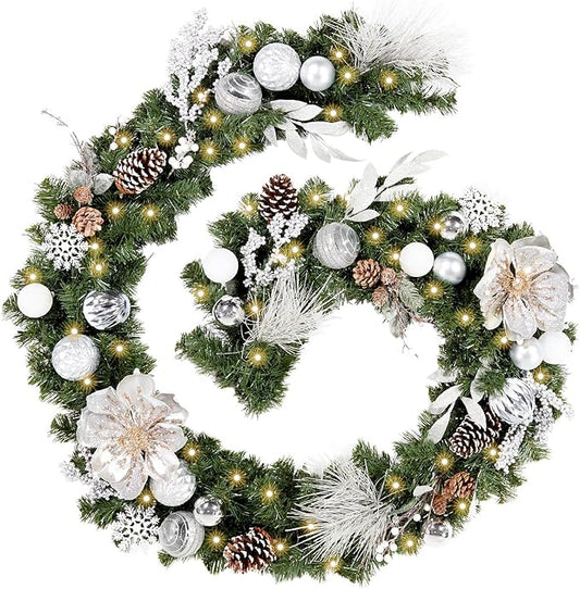 WBHome Pre-lit 9 Feet/108 Inch Christmas Garland, White & Silver Lighted Garland with 50 LED Lights for Indoor Outdoor Xmas Decor Holiday Decorations, Battery Operated (Batteries NOT Included)
