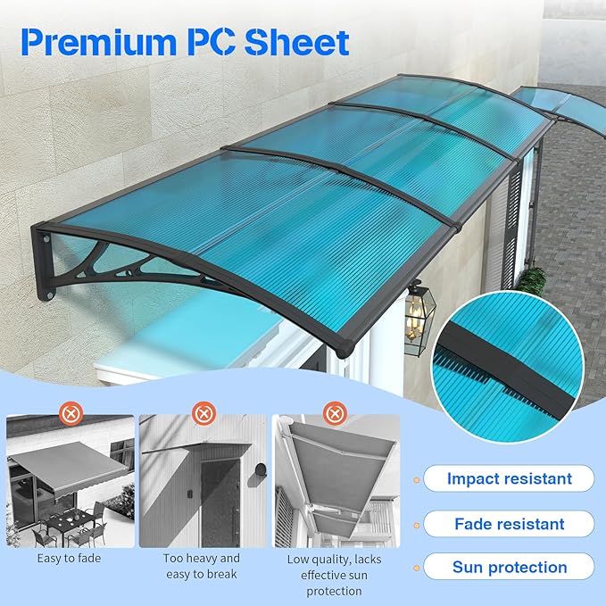 Awning for Door Entrance,32x48 inches Window Awnings for Doors Canopy Polycarbonate Cover Patio Door Awning UV Rain Snow Sunlight Protection Hollow Shee