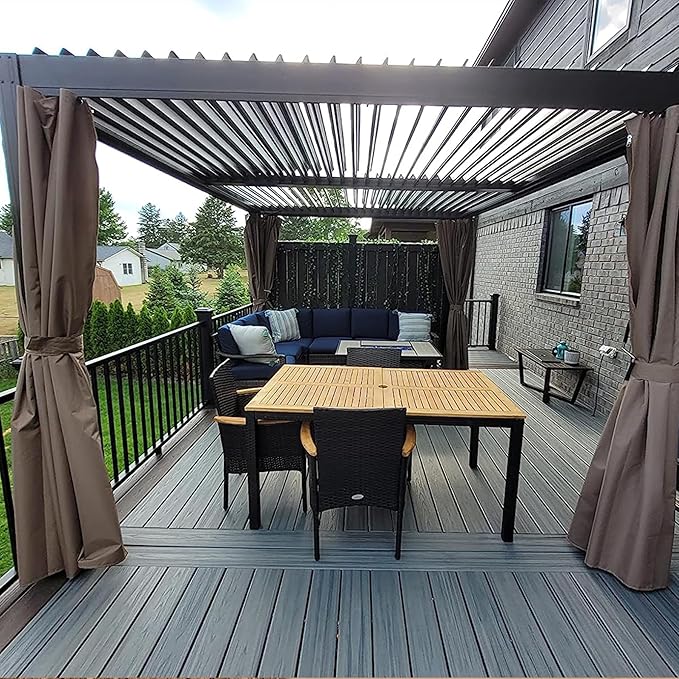 Domi 10x13FT Louvered Pergola, Full Aluminum Pergola with Adjustable Louvered Roof, Outdoor Pergola with Waterproof Curtains and Netting, Dark Brown