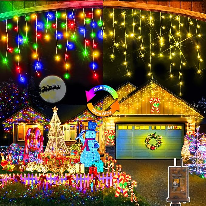 Color Changing Ice Lights, 164FT 1600 LED Outside with 320 Drops, 11 Modes Timer Waterproof Warm White to Multicolor String Lights for Christmas Eaves Party Decorations
