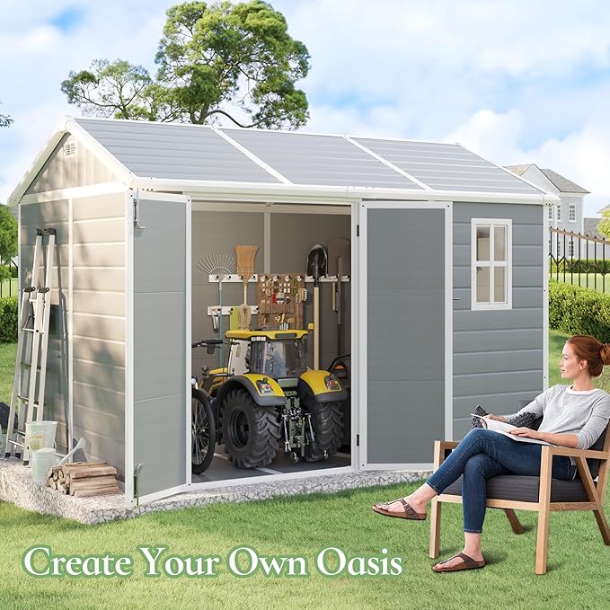 10.5x7.6x7.5 ft Outdoor Resin Storage Shed with Floor, Windows & Air Vents, Large Waterproof Tool Shed for Backyard, Garden, Lawn Equipment & Bikes, Grey