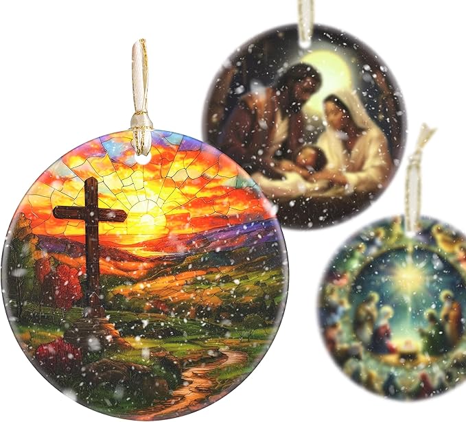Cross Christmas Ornament, 3.5 Inch Ceramic Christian Ornament, Christmas Tree Ornaments, Christian Gifts, Religious Gifts, Thanksgiving Gifts, Perfect for Holiday Party, Tree, Window
