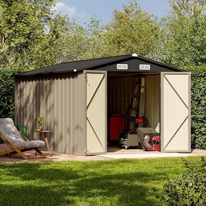 Patiowell 8 x 12 FT Metal Storage Shed for Outdoor, Steel Yard Shed with Design of Lockable Doors, Utility and Tool Storage for Garden, Backyard, Patio, Outside Use, Brown
