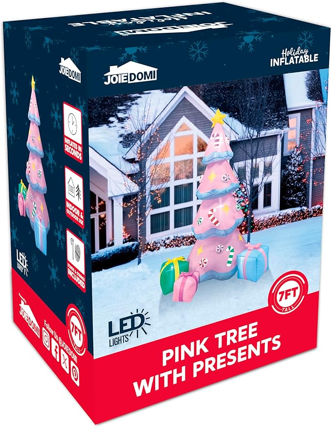 JOIEDOMI 7 FT Tall Christmas Tree Inflatables Outdoor Decoration, Christmas Inflatable Pink Tree with 3 Gift Boxes, Blow Up Xmas Tree with Build-in LEDs for Xmas Outdoor Yard Garden Lawn Decor