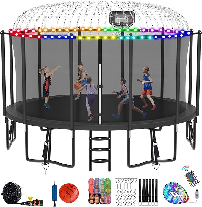 DeepRoar 2026 Upgraded 8FT 10FT 12FT 14FT 15FT 16FT Outdoor Tranpoline for Kids, Big tranpoline with Basketball Hoop, Lights, Sprinkler & Socks, Heavy Duty tranpoline 1500LB, ASTM Approved Tranpoing