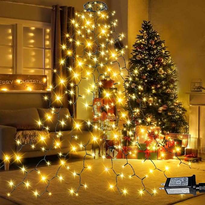 Christmas Tree Lights Indoor Outdoor, 280 LED Christmas String Lights 8.2FT x 8 Lines with 8 Modes & Timer, Waterproof Twinkle Decor Lights Plug in for 8FT Xmas Tree Christmas Decoration (Warm White)