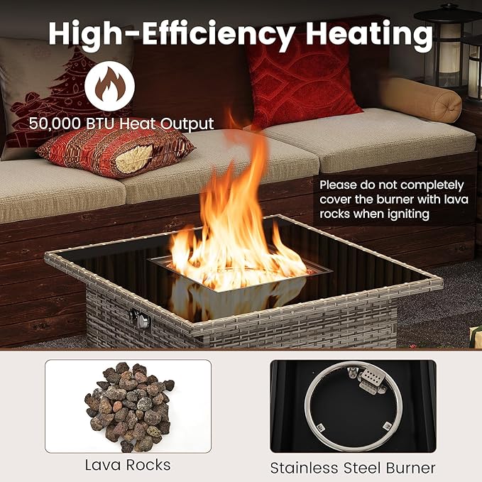 Tangkula 32.5 Inch Propane Fire Pit Table, Outdoor Rattan Gas Firepit with Tempered Glass Tabletop & Stainless Steel Burner, Square Fire Pit with Lava Rocks & Protective Cover for Outside Patio