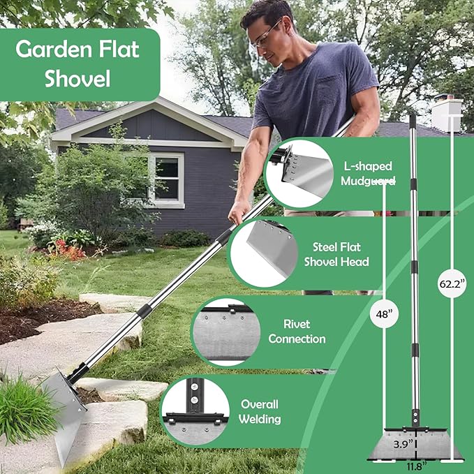 Manual Weed pullerTool,Heavy Duty 12''Flat Shovel, 14''Steel Metal Thatch Rake with Adjustable Long Handle for Leaf & Moss & Edging & Ice & Snow Removal in Lawn,Driveways, Patios, Garden Cracks