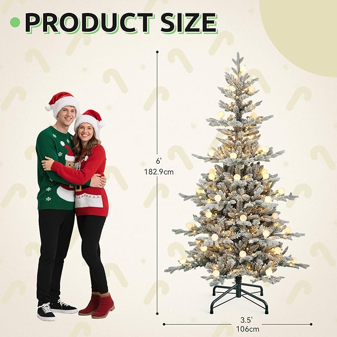 GOOBED 6FT Prelit Flocked Christmas Tree with Remote, Layered Hinged Flocked Christmas Tree w/ 1338 PE & PVC Mixed Tips, 270 Warm-White & Color Changing Lights w/Removable Bulbs,11 Modes