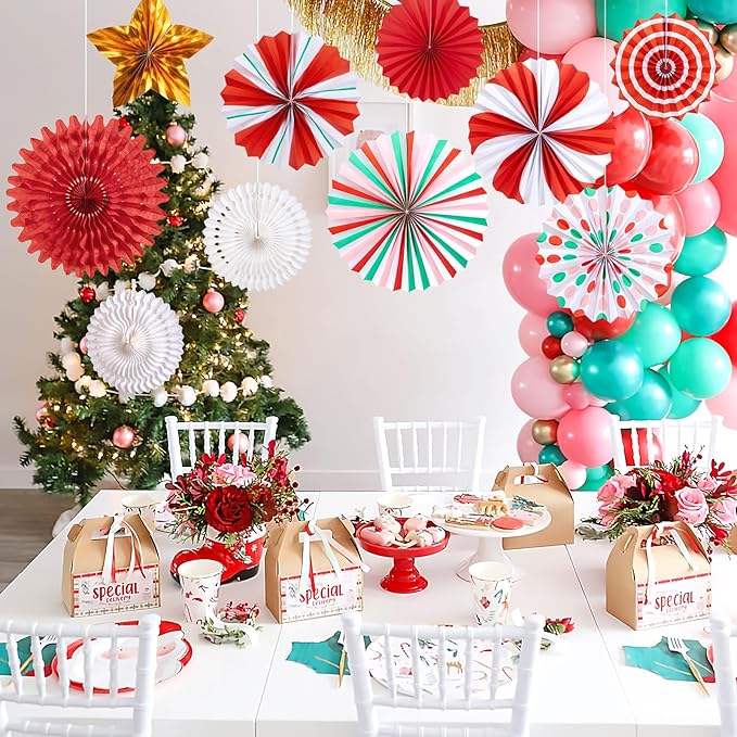 Christmas Paper Fans, Christmas Paper Decorations, Hanging Xmas Decor in Gold, Red, White and Peppermint Candy Theme Honeycomb Decorations
