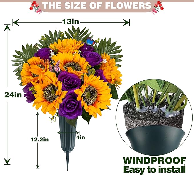 SUHOOKOO Cemetery Flowers with Vase for Grave Decor, Silk Sunflower Rose Headstone Flower,Tombstone Flower - Bright and Colorfast,Purple/Yellow