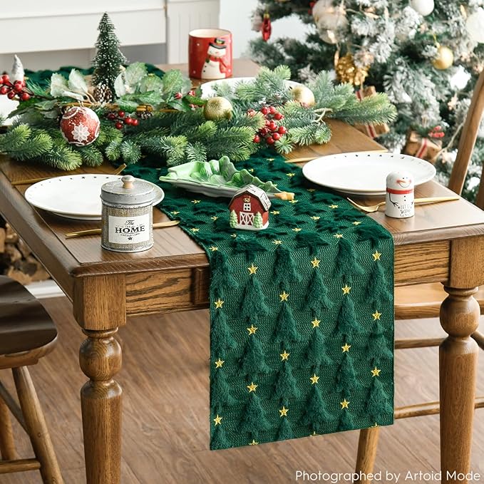 Artoid Mode Christmas Trees Stars Green Soft Plush Faux Fur Jacquard Christmas Table Runner, Holiday Dining Table Decoration for Home Party Decor 13x72 Inch