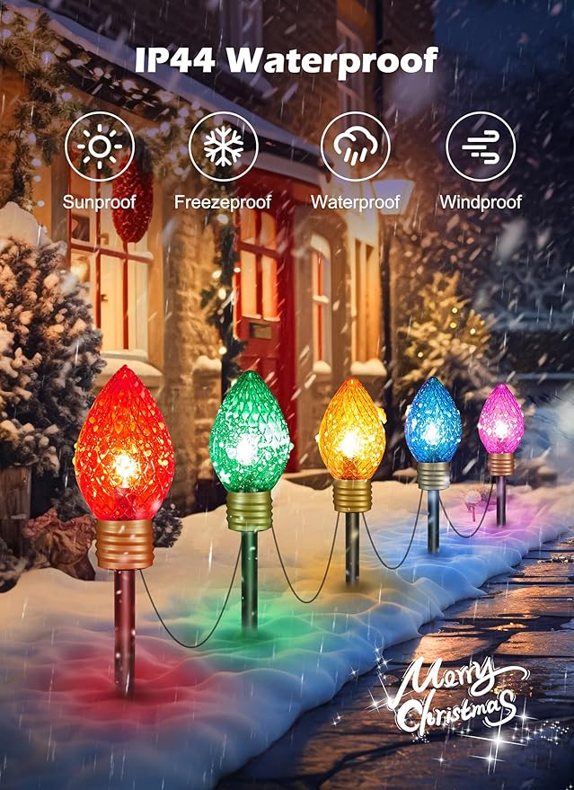 2 Pack Jumbo C9 Christmas Pathway Lights Outdoor - 10.5 Feet 5 Lights Strawberry C9 Walkway Lights, C7 Light Covered Jumbo Multicolor Light Bulb Outdoor Decorations for Lawn Garden Outside