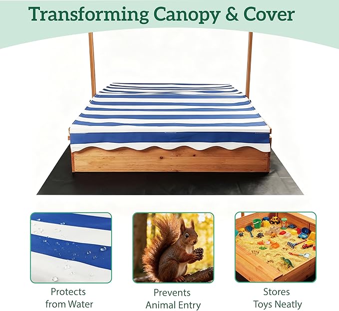 Kids Wooden Sandbox with Adjustable Canopy & Sand Protection Liner ? Large Outdoor Sandpit for Ages 3-8, Backyard/Garden Play Shelter