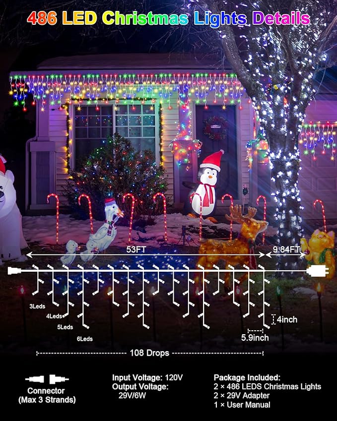 2 Pack 53FT 486 LED Christmas Lights Outdoor, Plug in Waterproof Christmas Lights for Outside, Timer & Memory, 8 Modes Hanging Fairy Light for House Eaves Yard Patio Decorations,Multicolor