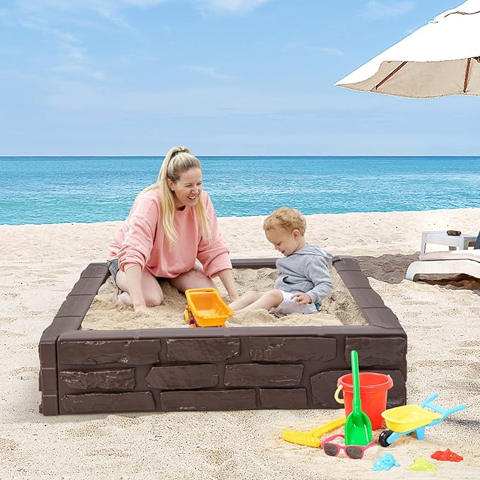 Costzon Kids Sandbox with Cover, 47x 47 HDPE Sand Box w/Oxford Cover, Bottom Liner, Reinforced Structure, Weather Resistant Outdoor Sand Pit for Backyard Lawn Garden Beach (Brown)