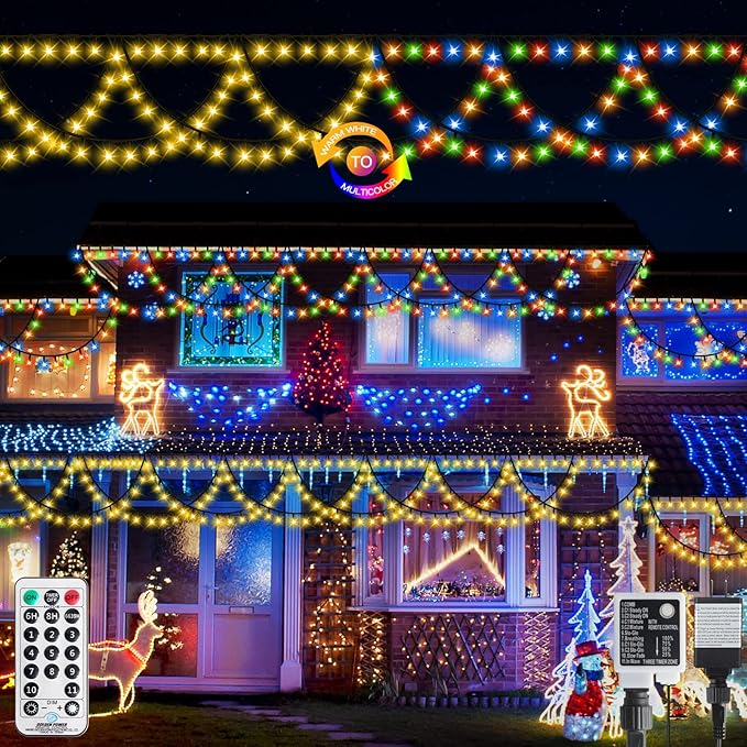 XTF2015 Outdoor Christmas lights Decor 40FT 380 LED Timer Remote Color Changing Christmas Light Extendable 11 Modes, Half Round String Lights for House Roof Eaves Garden Patio(Warm White + Multicolor)