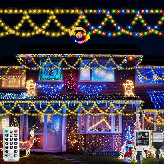 XTF2015 Outdoor Christmas lights Decor 40FT 380 LED Timer Remote Color Changing Christmas Light Extendable 11 Modes, Half Round String Lights for House Roof Eaves Garden Patio(Warm White + Multicolor)