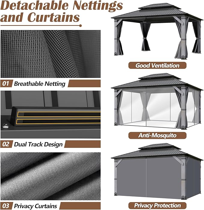 12 x 16FT Wood Gazebo, Wooden Frame Gazebos with Netting and Curtains,Outdoor Hardtop Gazebo with Wood Posts and Galvanized Steel Doule Roof for Lawn, Backyard Deck