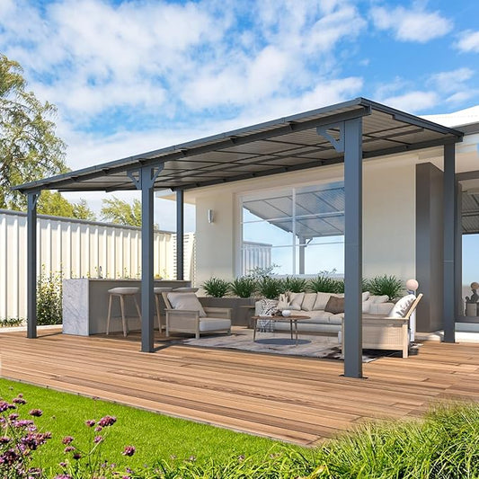 AECOJOY 16' x 10' Gazebo Outdoor Pergola for Patio, Large Wall-Mounted Hard Top 10x16 Lean to Metal Gazebo Shelter Pergolas and Gazebos Clearance with Patio Roof, Heavy Duty Awnings for Patio, Decks