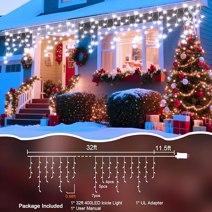 32 Ft Ice Lights for Outside, 400 LED Christmas Lights Outdoor Plug in, Christmas String Lights with 12 Modes & Timer for Holiday, Party, Wedding, House, Patio, Outdoor Decor(Cool White)