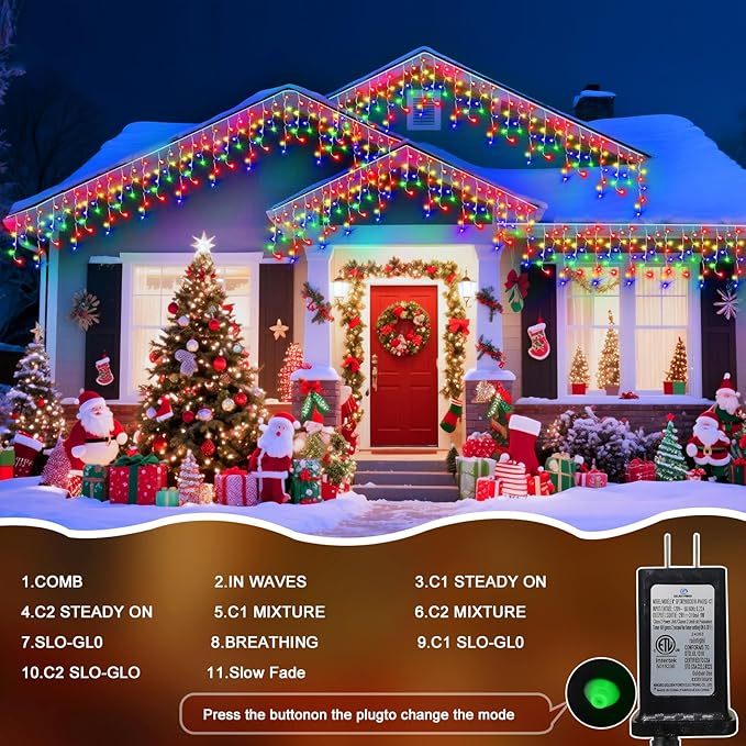49 Ft Ice Light for Outside, 480 LED Christmas Lights Outdoor Plug in, Christmas Ice Lighting with 11 Modes & Timer for Holiday, Party, Wedding, Patio, Outdoor Decor(Warm+Multicolor)