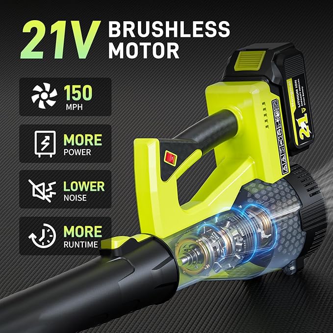 Leaf Blower Cordless, 500 CFM 21V Electric Cordless Leaf Blower with 4.0Ah Battery and Charger, Lightweight, 6 Speed Modes, for Lawn Care, Patio, Blowing Leaves and Dust (Green)