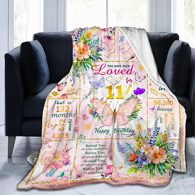 11 Year Old Girl Birthday Gifts, Gift for 11 Year Old Girl, Super Soft Cool Funny Pink Butterfly Flower Blanket for Girls, 11th Birthday Decorations for Girls, Warm Cozy Plush Fuzzy Blanket 60"x50"