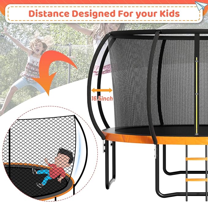8FT 10FT 12FT 14FT 16FT Trampoline Outdoor, Trampolines for Kids & Adults, Pumpkin Trampolines with Safety Net, Ladder, Coating Metal Frame, ASTM Approved Large Backyard Trampoline for Kids
