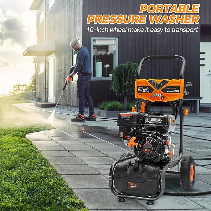 Gas Pressure Washer, 3500 PSI 2.3 GPM Power Washer with 209CC Engine, 4 Quick-Connect Nozzles, 25FT Hose, 3L Soap Tank, High Pressure Washer for Car, Driveway, Fence, Patio Cleaning, Orange