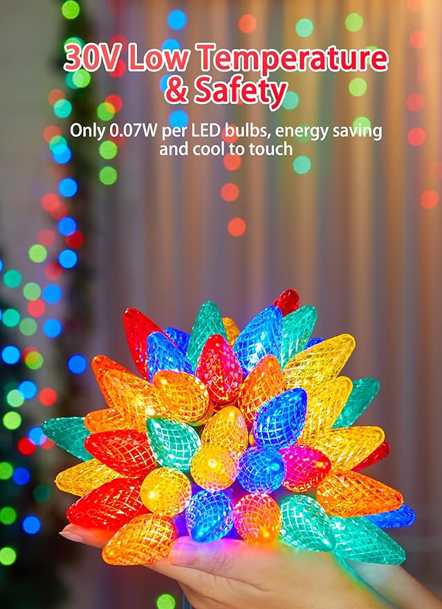 Minetom C9 Christmas Lights Outdoor, 81 Feet 100 LED String Lights with Timer & 8 Light Mode, Waterproof Commercial Grade Christmas Tree Lights for Outside Indoor Roofline Patio, Multicolor 2 Pack