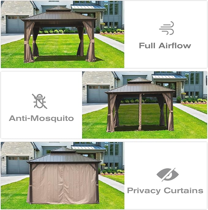 Domi 12' x 12' Hardtop Gazebo Permanent Metal Gazebo with Galvanized Steel Double Roof, Curtains and Netting for Party, Wedding, Outdoor Dining, Patio, Backyard, Brown