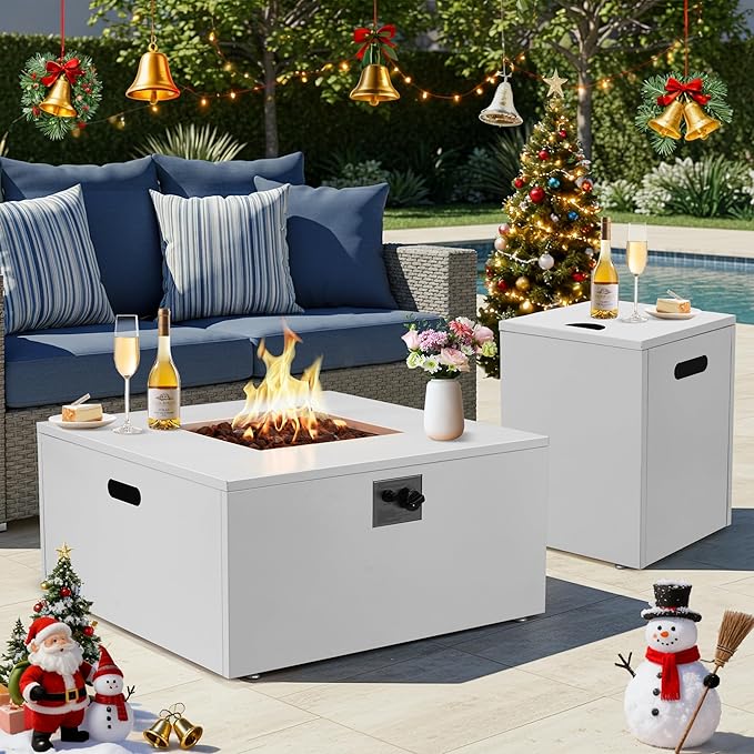 ECOTOUGE 2 Piece 32 Square Propane Fire Pit Table wirh Tank Holder, 50,000 BTU Outdoor Gas Fire Pit with Lid, Steel Fireplace w/Weather Cover, Lava Rocks for Patio, CSA Certified, White
