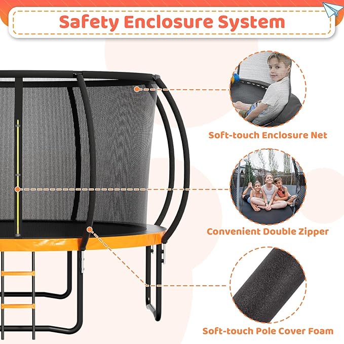 8FT 10FT 12FT 14FT 16FT Trampoline Outdoor, Trampolines for Kids & Adults, Pumpkin Trampolines with Safety Net, Ladder, Coating Metal Frame, ASTM Approved Large Backyard Trampoline for Kids