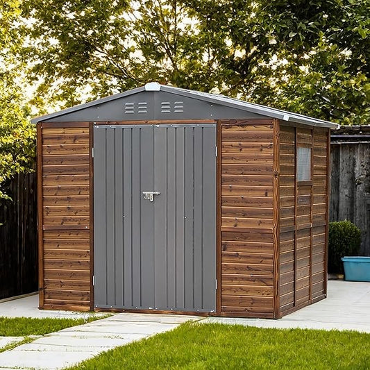 8x6 Ft Outdoor Storage Shed with Windows, Wood & Metal Tool Shed Waterproof Storage House for Outside Patio, Garden and Backyard, 4 Vents (Without Floor) Wood Color