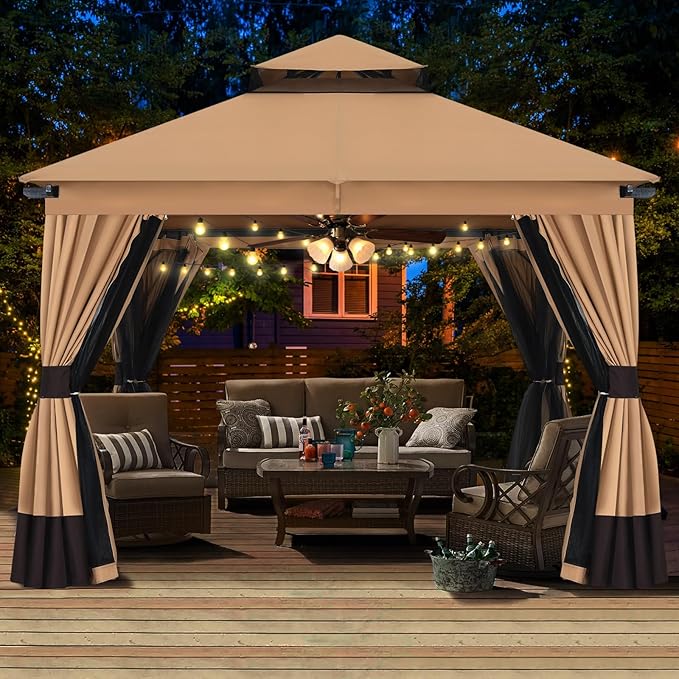 MASTERCANOPY 10x10FT Outdoor Patio Gazebo with Double Roofs, Mosquito Netting and Privacy Screens for Backyard, Garden, Lawn, Beige