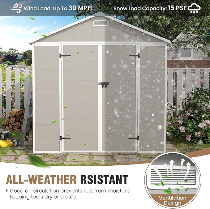 Amopatio 8x8 Storage Shed, Resin Outdoor Shed with Floor Included, Plastic Sheds Outdoor Storage for Bike, Garden Tools, Sheds & Outdoor Storage with Lockable Door, Window & Vents, Sandstone