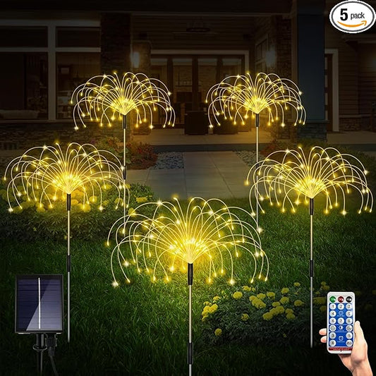 Solar Garden Lights, Firework Light Outdoor 5 Pack 120 LED Solar Waterproof Decorative Starburst Lights Landscape Lamp 18 Hours Working Time, Decor for Courtyard Garden Christmas Party (warm white)