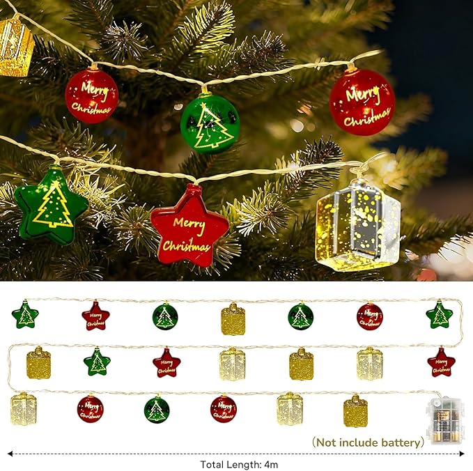 Christmas Decorations Indoor Outdoor Lights 13.12FT 20 LED 8 Modes – Battery Powered String Lights, Christmas Ball Ornaments for Wall Xmas Tree, Home & Holiday Decor, Balcony Party Ornaments