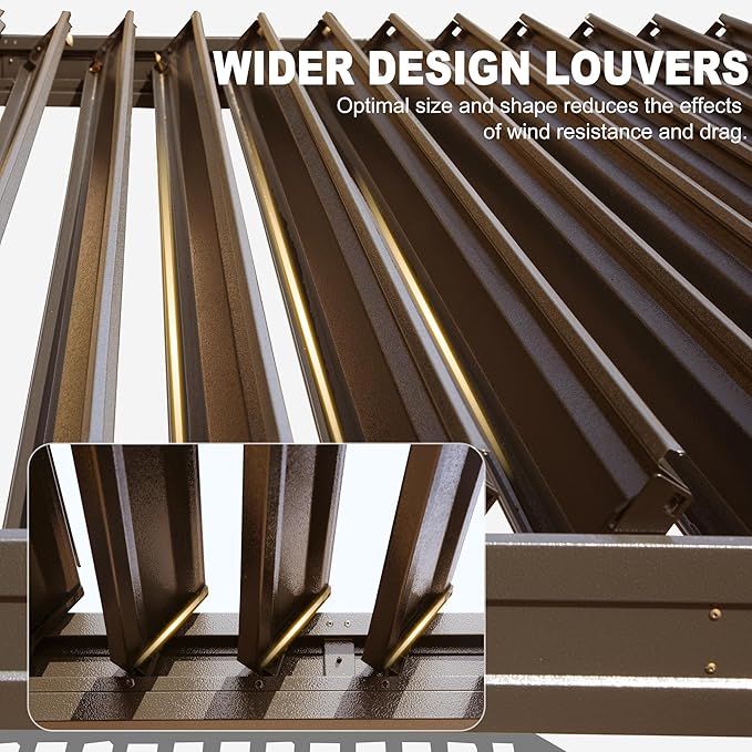 10’ x 10’ Louvered Pergola, Outdoor Pergola Aluminum Frame with Adjustable Rainproof Metal Roof, Permanent Sun Shade with Drainage System for Backyard, Garden and Lawn (Dark Brown)