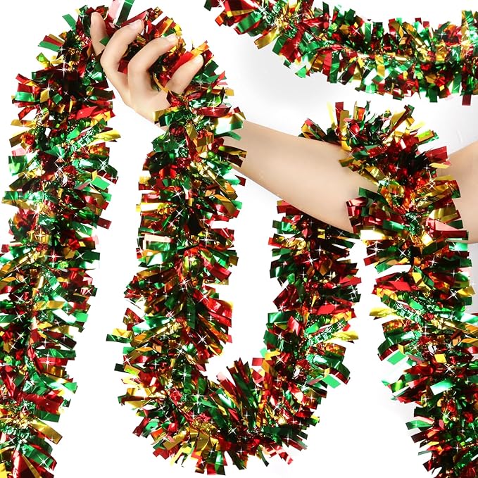 LEASEN 50 Feet Christmas Tinsel Garland Metallic Twist Garland Shiny Hanging Garland Ornaments for Christmas Tree Holiday Home Party Supplies Indoor Outdoor Decoration Red Green Gold