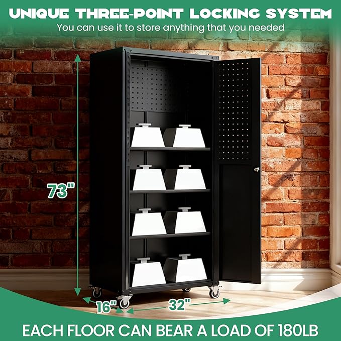 Rolling Tool Cabinet with Pegboard, 71 Tool Cabinets with 4 Adjustable Shelves for Garage, Tool Room, Assembly Required(Black)